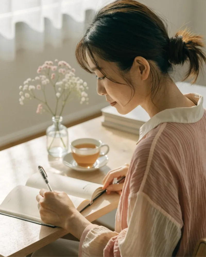 窓辺の机で、花と紅茶を横に手帳に書き込む女性